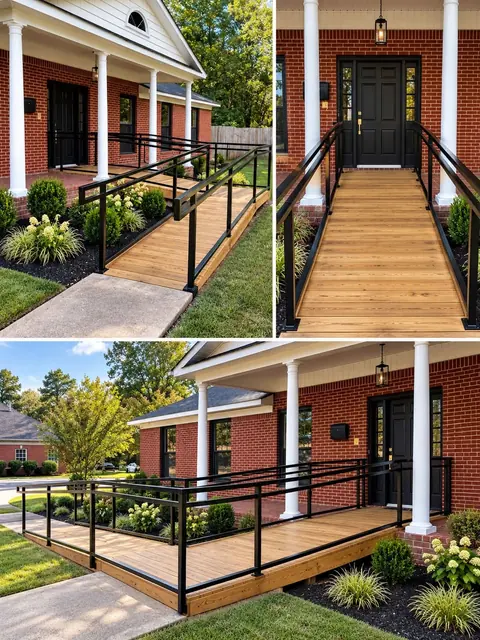 Wooden entry ramp with black metal railing leading to a brick home with white columns
