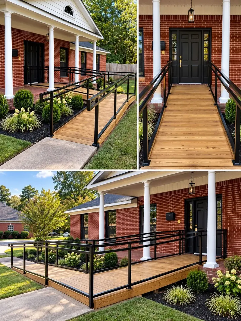 Wooden entry ramp with black metal railing leading to a brick home with white columns